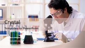  Presentation with lab coats sales - Beautiful slide set featuring pouring liquid beaker - young handsome chemist working backdrop and a soft green colored foreground