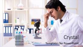  Presentation with young students working in groups - Presentation theme featuring pouring liquid beaker - young handsome chemist working background and a sky blue colored foreground