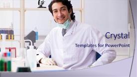  Presentation with chemist - Presentation design having pouring liquid beaker - young handsome chemist working background and a  colored foreground