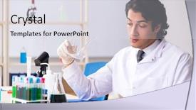  Presentation with chemist - Cool new slides with pouring liquid beaker - young handsome chemist working backdrop and a  colored foreground