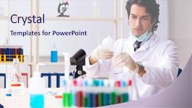  Presentation with chemist - Slide deck consisting of pouring liquid beaker - young handsome chemist working background and a  colored foreground