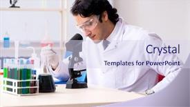  Presentation with lab coats sales - Beautiful theme featuring pouring liquid beaker - young handsome chemist working backdrop and a sky blue colored foreground