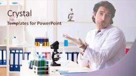  Presentation with chemist - Colorful slide deck enhanced with pouring liquid beaker - young handsome chemist working backdrop and a  colored foreground