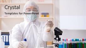  Presentation with chemist - PPT layouts enhanced with pouring liquid beaker - young handsome chemist working background and a lemonade colored foreground