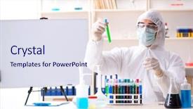  Presentation with innovation lab - PPT theme consisting of pouring liquid beaker - young handsome chemist working background and a sky blue colored foreground