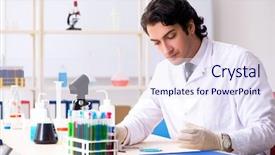  Presentation with lab rat - Slide set having pouring liquid beaker - young handsome chemist working background and a sky blue colored foreground