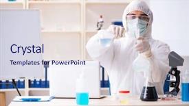  Presentation with molecular biology lab - Presentation design having pouring liquid beaker - young handsome chemist working background and a sky blue colored foreground