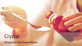  Presentation with medicine syrup - PPT theme enhanced with pouring medication or antipyretic syrup background and a coral colored foreground