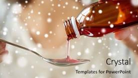  Presentation with medicine syrup - Theme consisting of pouring medication or antipyretic syrup background and a soft green colored foreground