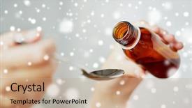  Presentation with syrup drugs - Colorful presentation design enhanced with pouring medication or antipyretic syrup backdrop and a coral colored foreground