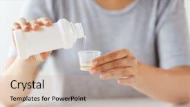  Presentation with medicine syrup - Beautiful PPT theme featuring pouring medication or antipyretic syrup backdrop and a coral colored foreground