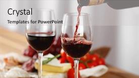  Presentation with food red - PPT theme having pouring of red wine into glass and food on wooden table closeup background and a light gray colored foreground