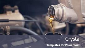 Presentation with close up pouring oil - Slide deck with pouring oil to car engine background and a dark gray colored foreground