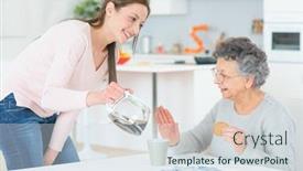  Presentation with lady - Audience pleasing PPT theme consisting of pouring-old-lady-a-coffee backdrop and a sky blue colored foreground