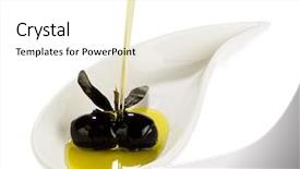  Presentation with olive leaf - Colorful PPT theme enhanced with pouring olive oil on black olives with leaf on porcelain dish isolated on white background backdrop and a white colored foreground