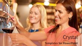  Presentation with alcohol - Theme featuring people alcohol and lifestyle concept - happy women with glass pouring red wine from dispenser at bar or restaurant background and a coral colored foreground