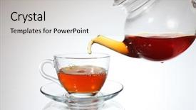  Presentation with tea pouring into glass transparent - PPT layouts featuring pouring tea to a teacup background and a light gray colored foreground