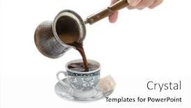  Presentation with turkish - Beautiful theme featuring pouring turkish coffee in cup isolated on white background backdrop and a white colored foreground