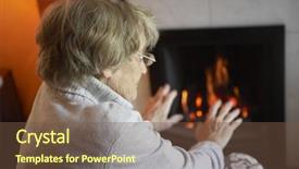  Presentation with fire - PPT theme consisting of poverty people - senior woman warming hands background and a tawny brown colored foreground
