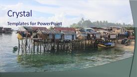  Presentation with poor village - Beautiful slide set featuring poverty poor fishing village shacks backdrop and a sky blue colored foreground
