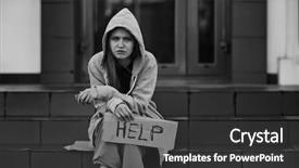  Presentation with homeless - Colorful slides enhanced with poverty women abuse - homeless poor woman holding piece backdrop and a dark gray colored foreground