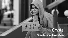  Presentation with homeless - Audience pleasing PPT theme consisting of poverty women abuse - homeless poor woman holding piece backdrop and a dark gray colored foreground