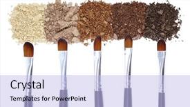  Presentation with eye - Theme consisting of powder foundation - brushes and eye shadows isolated background and a light blue colored foreground