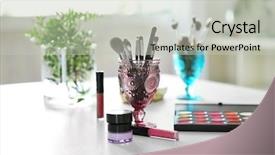  Presentation with brushes makeup - Slides with powder room - professional makeup brushes in blue background and a  colored foreground