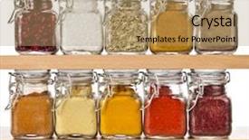  Presentation with powder - Colorful presentation design enhanced with powder spices in glass bottle backdrop and a coral colored foreground