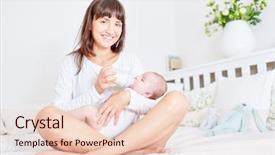  Presentation with baby breast milk - Cool new presentation theme with powdered formula - happy smiling mother feeds her backdrop and a lemonade colored foreground