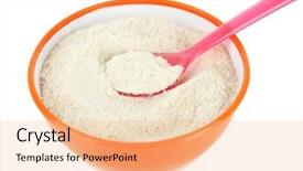  Presentation with powdered - Amazing slides having powdered milk in bowl and spoon for baby isolated on white backdrop and a lemonade colored foreground