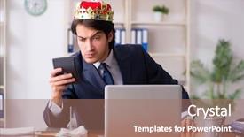  Presentation with office king - Presentation design enhanced with despot - young king businessman working background and a  colored foreground