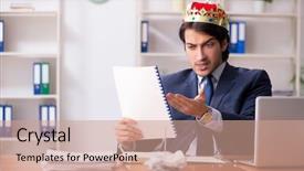  Presentation with office king - Presentation design enhanced with despot - young king businessman working background and a coral colored foreground