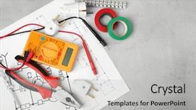  Presentation with power cable - Beautiful slide deck featuring power cable - electrician tools and schemes backdrop and a light gray colored foreground