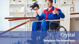  Presentation with working - Slides enhanced with power chair - disabled man working with circular background and a ocean colored foreground
