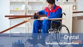  Presentation with working - Audience pleasing presentation consisting of power chair - disabled man working with circular backdrop and a ocean colored foreground
