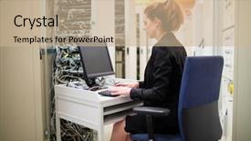  Presentation with server room - Slide set enhanced with power chair - technician working on computer background and a coral colored foreground