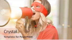  Presentation with hero woman - Slide set consisting of power communication - young super hero woman wearing background and a coral colored foreground