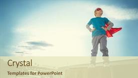  Presentation with cartoon superhero - Presentation design featuring power dressing - little boy dressed as superhero background and a soft green colored foreground