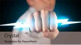  Presentation with hands holding - Cool new slides with power electric - business man holding glowing lightning backdrop and a coral colored foreground
