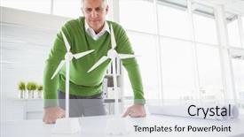  Presentation with wind turbines - Cool new presentation theme with power engineering - casual businessman looking at model backdrop and a sky blue colored foreground