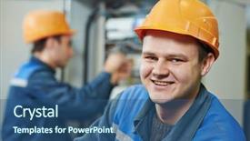  Presentation with power engineering - PPT theme featuring power engineering - happy young adult electrician builder background and a ocean colored foreground