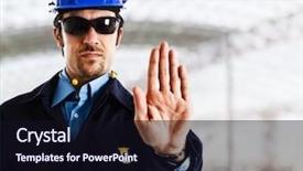  Presentation with facts and myths concept word - Cool new PPT theme with power plant design - worker showing stop sign work backdrop and a  colored foreground