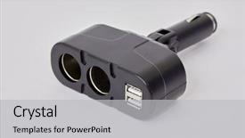  Presentation with electric car charging battery cells - Slide set with power plug - dual socket car lighter charger background and a light gray colored foreground