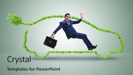  Presentation with electric car - PPT theme enhanced with power plug bio gas - businessman in green electric car background and a light gray colored foreground