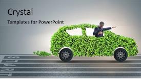  Presentation with electric car - Cool new theme with power plug bio gas - businessman in green electric car backdrop and a light gray colored foreground