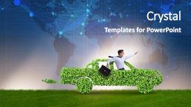  Presentation with electric car - PPT theme enhanced with power plug bio gas - electric car concept in green background and a ocean colored foreground