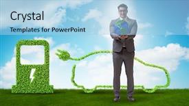  Presentation with electric car - Slides having power plug bio gas - electric car concept in green background and a light blue colored foreground