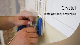  Presentation with electrical - PPT layouts with light switches sockets - hands of electrician installs electrical background and a  colored foreground