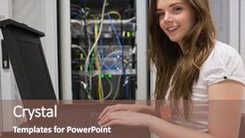  Presentation with data center - Beautiful PPT theme featuring computer operators - smiling woman searching through servers backdrop and a violet colored foreground